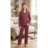 Enie Anne-Kız Çocuk Bordo Pamuklu Puantiye Desenli Uyku Gözlüklü Pijama Takımı