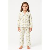 Enie Çiçek Desenli %100 Cotton Düğmeli Kız Çocuk Pijama Takımı - Beyaz - Sarı - 7 - 8 Yaş