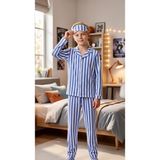Enie Erkek Çocuk Mavi Pamuklu Çizgili Uzun Kollu Pijama Takımı + Göz Bandı - 5 - 6 Yaş