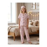 Enie Kız Çocuk Pamuklu Kalp Desenli Çizgili Yazlık Göz Bantlı Pijama Takımı