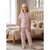 Enie Kız Çocuk Pamuklu Kalp Desenli Çizgili Yazlık Pijama Takımı + Göz Bandı - Pembe - 5 - 6 Yaş