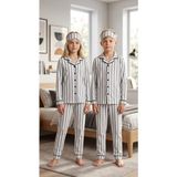 Enie Kız ve Erkek Çocuk Gri Pamuklu Çizgili Uzun Kollu Pijama Takımı + Göz Bandı - 13 - 14 Yaş