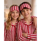 Enie Kız ve Erkek Çocuk Kırmızı Pamuklu Çizgili Uzun Kollu Pijama Takımı + Göz Bandı - 11 - 12 Yaş