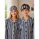 Enie Kız ve Erkek Çocuk Lacivert Pamuklu Çizgili Uzun Kollu Pijama Takımı + Göz Bandı - 5 - 6 Yaş