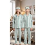 Enie Kız ve Erkek Çocuk Mint Yeşili Pembe Pamuklu Çizgili Uzun Kollu Pijama Takımı + Göz Bandı - 7 - 8 Yaş