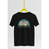 Enjoy Sunshine Baskılı Oversıze Retro Vintage Bisiklet Yaka Pamuklu Kadın ve Erkek Tshırt - Siyah - XL