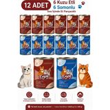Enjoy Yetişkin Kedi Konservesi 12'li Set – 6 Kuzu Etli + 6 Somonlu – Sos Içinde Et Parçacıklı - Somon - Kuzu