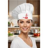 Enma Life Beyaz Şapka Üzeri Tava İçinde Kırmızı Baskılı Şef Aşçı Şapkası, Mantar Kep