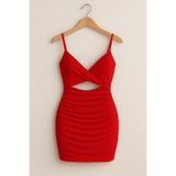 ENMADAM Kırmızı Askılı Büzgülü Mini Elbise Bodycon Kadın Gece & Parti Elbisesi
