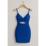 ENMADAM Mavi Askılı Büzgülü Mini Elbise Bodycon Kadın Gece & Parti Elbisesi