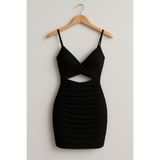 ENMADAM Siyah Askılı Büzgülü Mini Elbise Bodycon Kadın Gece & Parti Elbisesi