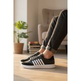 Enoch Erkek Günlük Spor Ayakkabı Retro Sneaker 5 Çizgili ve Süet Detaylı Klasik Court Modeli - Siyah - Beyaz