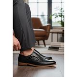 Enoch Erkek Siyah Hakiki Deri Klasik Ayakkabı Çift Tokalı Monk Strap Tasarımlı ve Mikro Dokulu Panelli Model