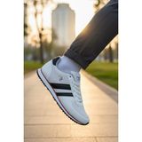 Enoch Erkek Spor Ayakkabı Beyaz Sneaker Siyah Şeritli ve Kırmızı Detaylı Retro Yürüyüş Modeli - Beyaz - Siyah