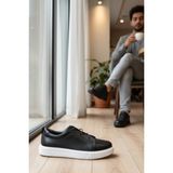 Enoch Hakiki Deri Günlük Lastik Bağcıklı Erkek Ayakkabı Comfort Taban Sneaker - Siyah - Beyaz