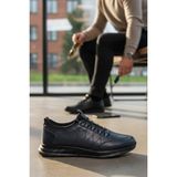 Enoch Hakiki Deri Lastikli Bilekli Erkek Sneaker Ayakkabı Ortopedik Taban - Lacivert