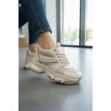 Enoch Kadın Gizli Dolgu Topuk Spor Ayakkabı Baskı Detaylı File Saya ve Yüksek Tabanlı Sneaker - Bej