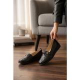 Enoch Kadın Grena ve Kroko Dokulu Metal Toka Detaylı Ortopedik Hakiki Deri Comfort Babet