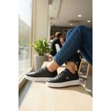 Enoch Kadın Spor Ayakkabı Amblem Detaylı ve Ortopedik Düz Tabanlı Casual Sneaker - Beyaz - Siyah