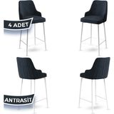 Enox Serisi, Mutfak Bar Sandalyesi, Babyface Kumaş, Beyaz Metal Ayak 4 Adet Sandalye - Antrasit - Ayaklar Beyaz