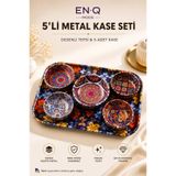 ENQ 5’li Desenli Metal Kase Seti Tepsili – Renk Atmaz Dekoratif Çerez ve İkramlık Seti