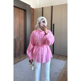 ensade Kadın Yazlık Kuşaklı Oversize Gömlek Uzun Kollu Düğmeli Tesettür Gömlek Tunik