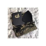 Ensar Siyah Damat Bohçası Set, Erkek Namaz Seccadesi, Tesbih, Takke Set (VELVET)
