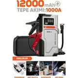 Enshall 10.000MAH Harvox 4’ü 1 Arada Akü Takviye Cihazı 150 Psı Kompresör Lastik Şişirme Pompası LED Işıklı Powerbank Özellikli Acil Durum 1000A - Gri