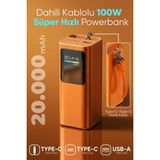 Enshall 100W Süper Hızlı 20.000MAH Acl Mini Taşınabilir Type-C Kablolu Güç Bankası Powerbank - Turuncu