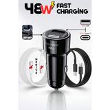 Enshall 48W Hızlı Şarj Destekli 3A Type-C ve USB Giriş Lightning Kablolu Araç Çakmaklık Şarj Aleti 12-24V - Siyah