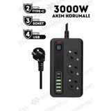 Enshall PRO P10 3X Priz 3000W Akım Korumalı 4X Usb 2X Type-c Girişli Çoklu Priz SİYAH