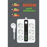 Enshall Pro P11 6x Priz 3000W Termal Akım Korumalı 4x USB 2x Type-C Girişli Çoklu Priz - Beyaz