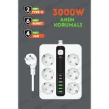 Enshall PRO P11 6X Priz 3000W Termal Akım Korumalı 4X USB 2X Type-c Girişli Çoklu Priz