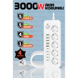 Enshall PRO P13 3000W Akım Korumalı 5 Girişli Type-c ve USB Girişli Uzatmalı Grup Priz 4 Metre