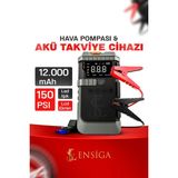 Ensiga 12.000MAH Hava Kompresörü Akü Takviye Cihazı 4'ü 1 Arada Siyah Renkli Taşınabilir