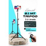 Ensiga Bluetooth Kumandalı 2.1 m Tripod – 360° Döner Başlıklı Telefon Tutucu ve Ring Light Stüdyo Işıklı Ayağı - Siyah