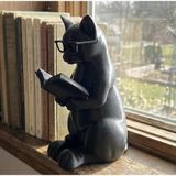 Entelektüel Kedi Dekoratif Biblo - Kitap Okuyan Kedi Heykelciği - Kütüphane ve Raf Aksesuarı - Kedi Severlere Özel Hediyelik Figur