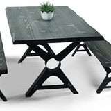 Entema Doğal Ağaç Masif Kütük Masa Metal Ayak 90 x 200 cm + 2 Bank Bench - Siyah