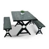 Entema Doğal Ağaç Masif Kütük Masa ( Metal Ayak ) 90CM x 150CM + 2 Bank Bench - Antrasit