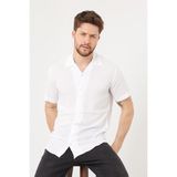 Enuygunenmoda Erkek Slim Fit Keten Apaş Yaka Kısa Kollu Gömlek Beyaz
