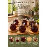ENYAZA(2024) 6’lı Cam Çay Bardağı Seti Bambu Tabaklı Kulplu Çay Bardağı Takımı Modern Çizgili Tasarım 200 Ml