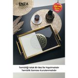 Enza Mint Gold Tepsi Cam Baskılı 48x29 CM