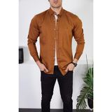 Enzim Jeans Erkek Slim Fit Kahverengi Kot Gömlek Klasik Stil Uzun Kol Düz Desen