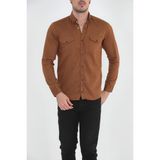 Enzim Jeans Erkek Slim Fit Kahverengi Kot Gömlek Klasik Stil Uzun Kol Düz Desenli