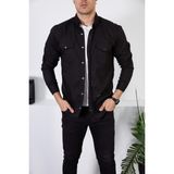 Enzim Jeans Erkek Slim Fit Kot Gömlek Siyah Renk Klasik Stil Uzun Kol Düz Desen