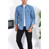 Enzim Jeans Erkek Yıkamalı - Kot Gömlek - Buz Mavi