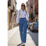 Enzim Jeans Kadın Denim Pantolon Beli Lastikli Normal Bel Düz Desenli Wide Leg Model - Mavi - 31