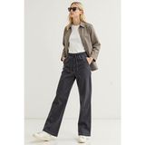 Enzim Jeans Kadın Düz Desenli Wide Leg Denim Pantolon Beli Lastikli Normal Bel Rahat Kesim - Gri - 34