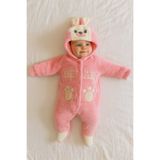 eomix kids Bebek tulum kışlık welsoft peluş şapkalı ayı figürü nakışlı kız