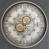 EOS 60 cm Metal Çarklı Duvar Saati - Endüstriyel Steampunk Tasarım, Eskitme Gümüş ve Altın